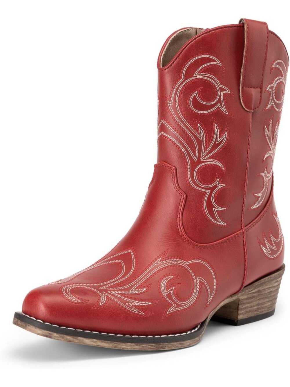 Women's Red Cowboy Western Boots Embroidered Stitched Ankle Chunky Heel